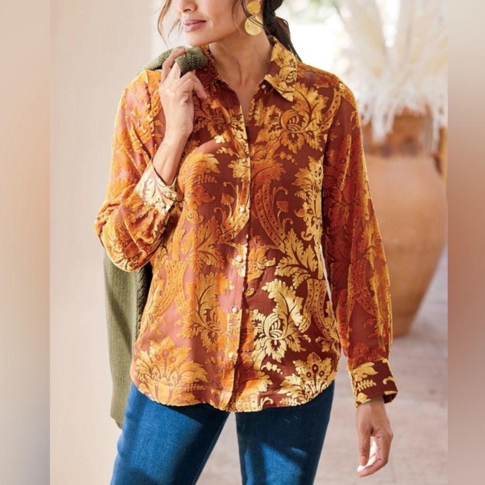 Soft Surroundings Gold Floreat Velvet Button Down Shirt XL